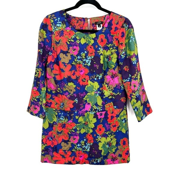 J. CREW 100% Silk Jules Ashbury Colorful Floral Print Mini Dress Size 00 - Picture 2 of 6